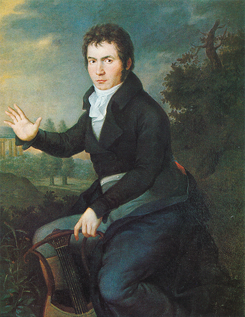 Portrait of Beethoven in pastoral ancient Greece. He is holding a lute with one hand and gesturing to the viewer with the other.