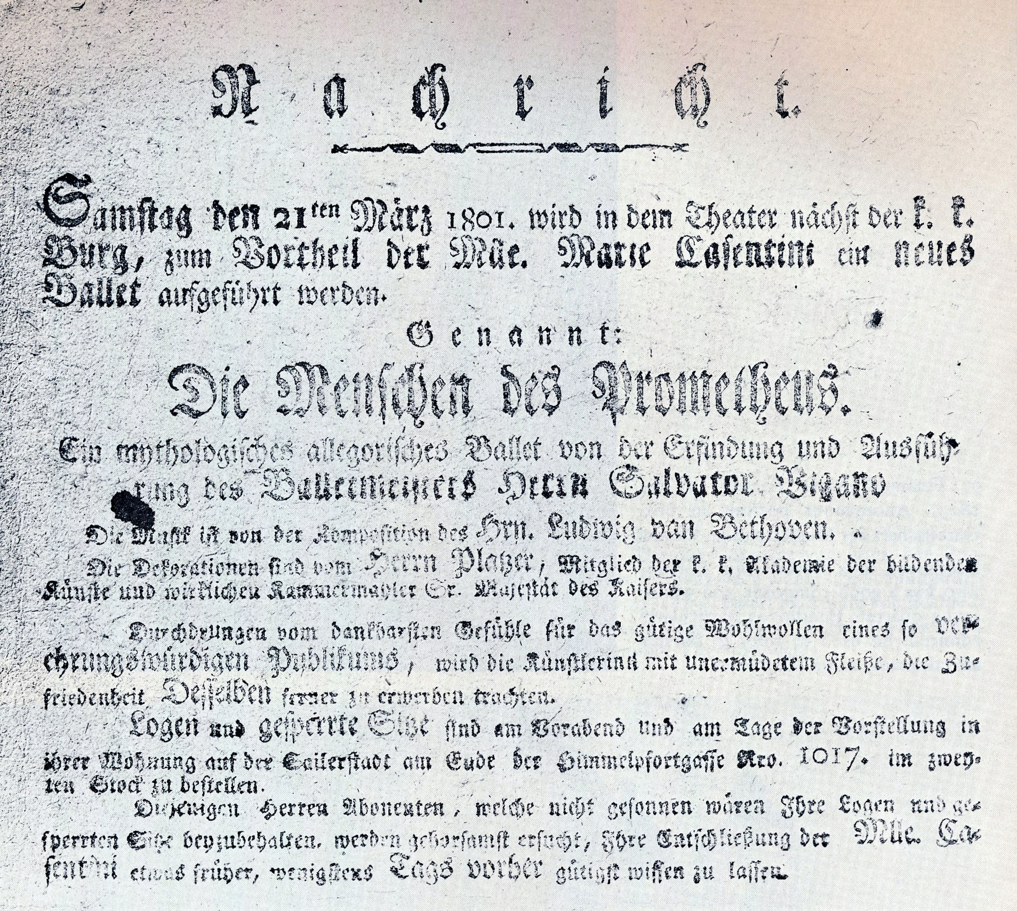 Faded handbill for the premiere performance of The Creatures of Prometheus (March 28, 1801). 