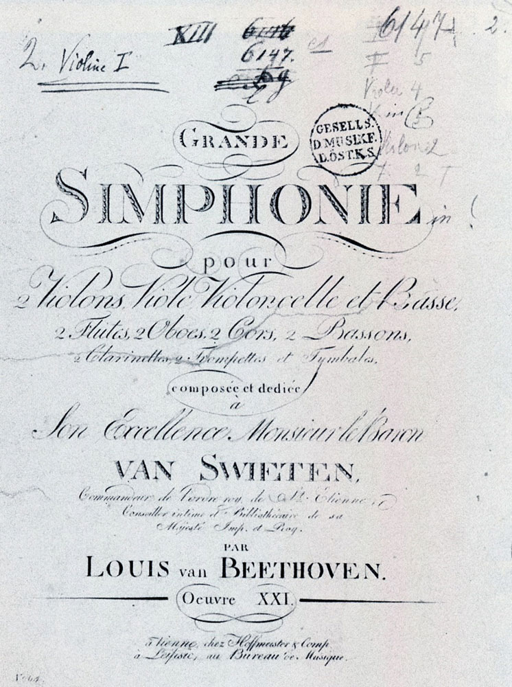 Title page to the first edition of Beethoven’s First Symphony. Beethoven’s name is given as “Louis van Beethoven.”
