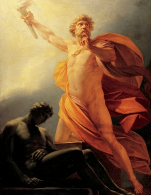 A painting; on the right side stands Prometheus holding aloft the stolen fire. On the left is a slumped human figure shrouded in darkness.