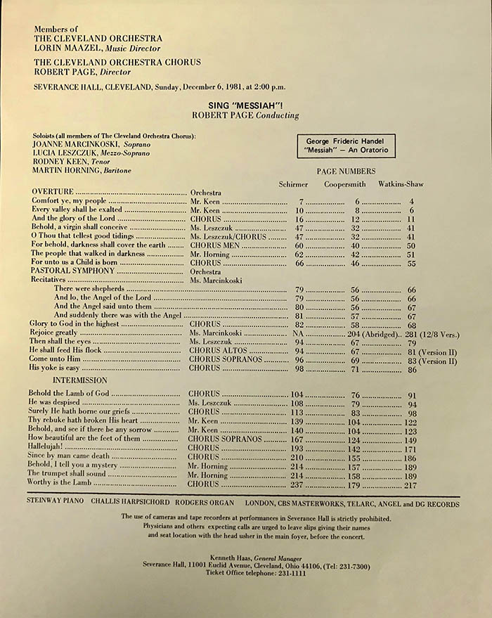 Legend included in 1981 “Sing Messiah” concert program, providing page numbers of each movement in major editions of Handel’s Messiah.” 