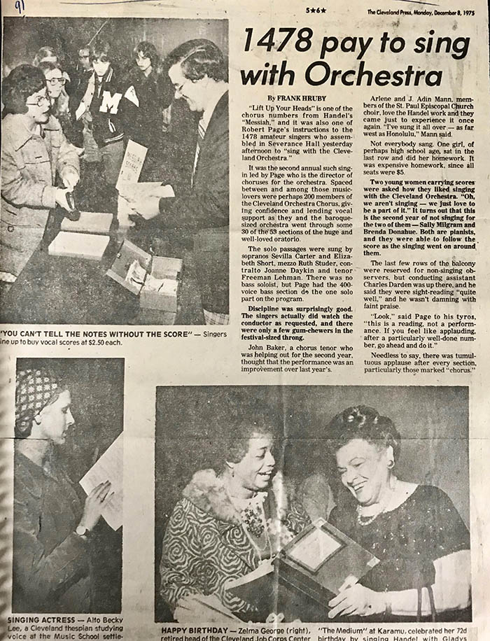 Article appearing in the Cleveland Press (12/9/1975) with the headline “1,478 pay to sing with Orchestra” and featuring photographs of eager attendees preparing for “Sing Messiah!” 
