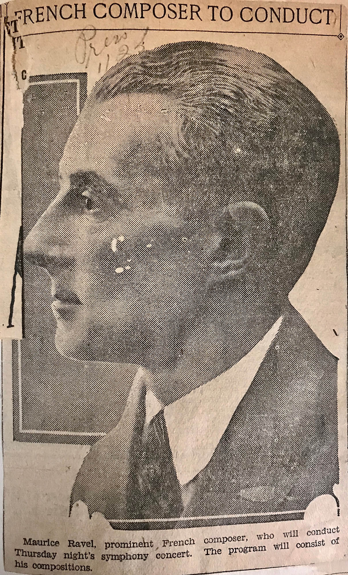 Portrait of Maurice Ravel with the headline, “French Composer to Conduct”