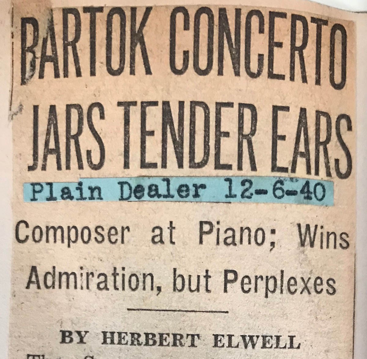 Headline to article that reads “Bartók Concerto Jars Tender Ears: Composer at Piano”