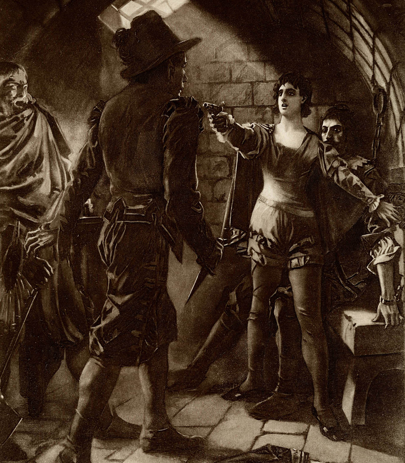 Don Pizarro, with his knife drawn, is approaching Florestan. Leonora, illuminated by light shining through the cell window, is shielding Florestan. She has drawn and aimed her pistol at Don Pizarro. Both Leonora and Florestan have their backs against the cell wall. 