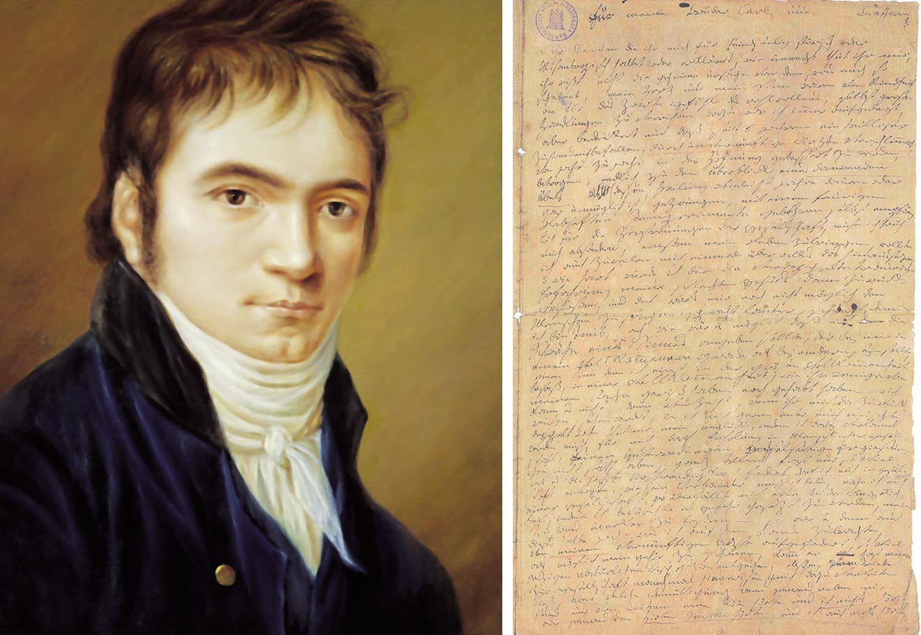 (left) Beethoven in his early thirties. Blue jacket, white scarf, looking directly at the viewer. (right) Letter by Beethoven, in his distinctively messy handwriting.  
