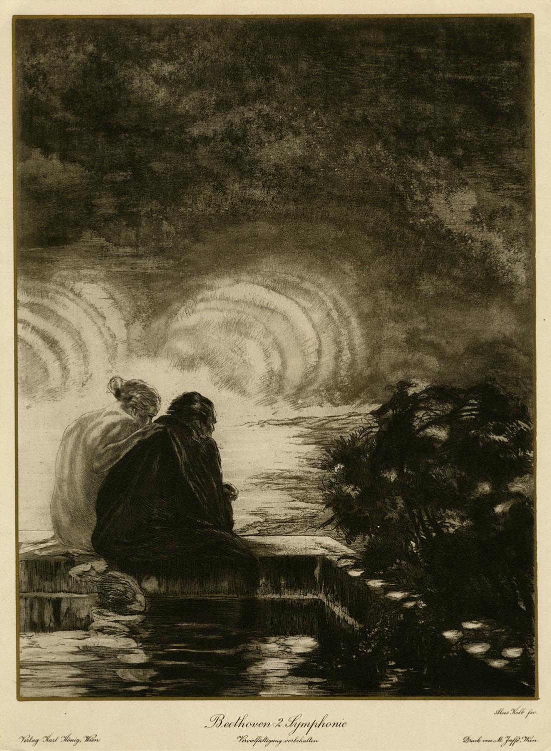 Beethoven sitting and looking sorrowfully out over the water. He is comforted by a spirit-like figure to his left; the spirit’s hand is on Beethoven’s back.  