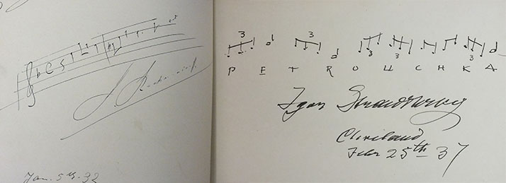 Autograph book open to autographs of Sergei Rachmaninoff and Igor Stravinsky
