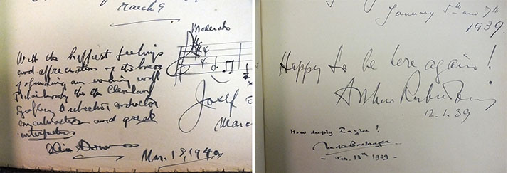Autograph book open to Olin Downes and Nadia Boulanger
