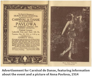 Advertisement for Carnival de Danse, featuring information about the event and a picture of Anna Pavlova, 1914