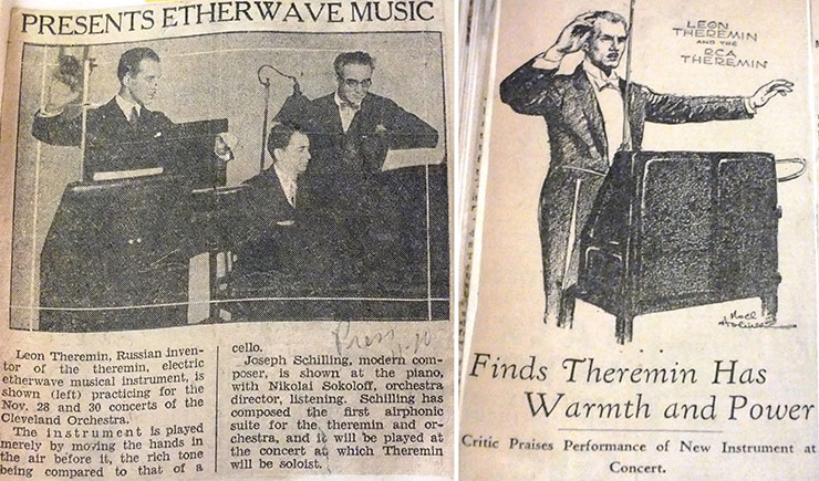 Left: Cleveland Press, November 20, 1929: Like many commentators of the time, the News already ascribed to the Theremin a strong association with science fiction Right: Plain Dealer, November 29, 1929: A characteristic review of the concert, focusing on Theremin’s coaxing of sound of great “power” and “warmth”