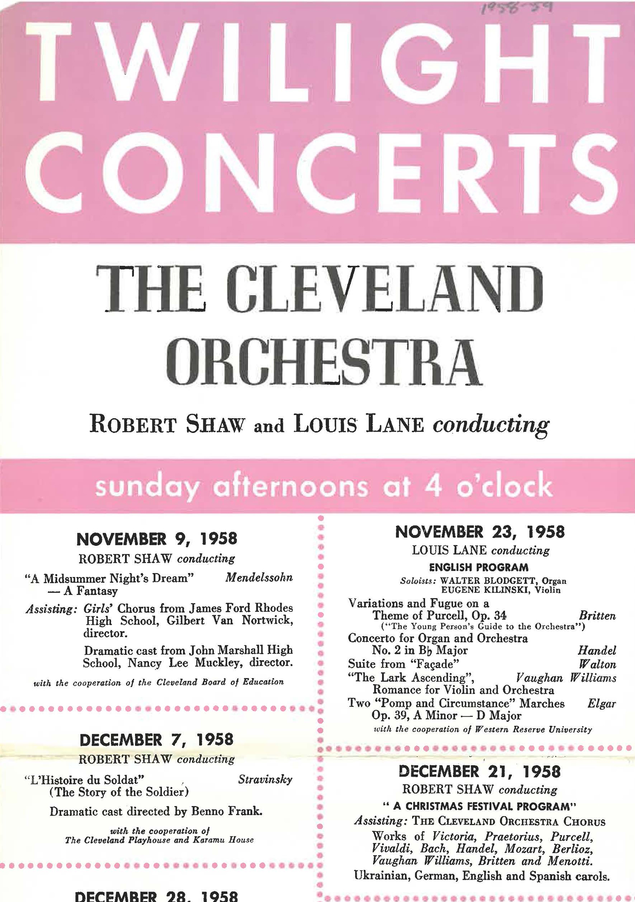 Advertisement for the Twilight Concerts series with Robert Shaw’s Christmas program featured on the bottom right