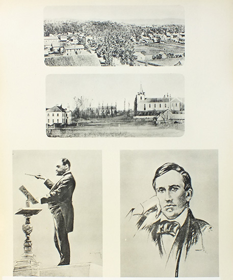 Plate from Prague album reflecting Dvořák’s time in Spilleville, Iowa (from top: a church in Spillville; the street where Dvořák lived; Dvořák as a conductor in Chicago; portrait of Stephen Foster, whose song “Old Folks at Home” Dvořák used for a cantata)