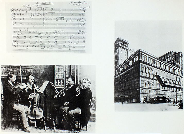 Plate from Prague album about Dvořák’s Quartet in F Major, “American” (from top left:  notes for F major Quartet, Kneisel Quartet rehearsing Dvořák’s quartet for its premiere; Carnegie Hall in 1893, where the quartet was first performed)