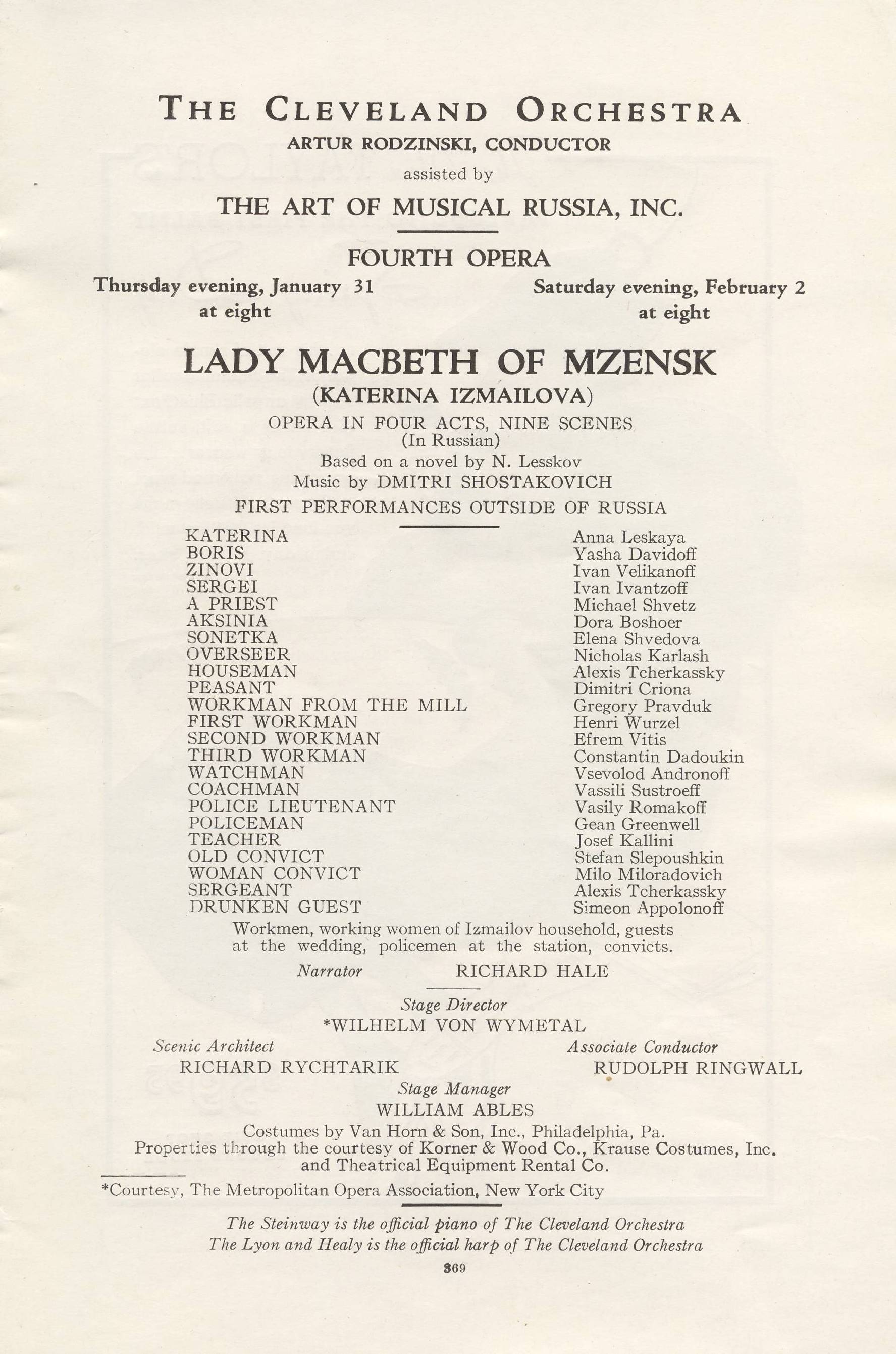 Right: Program from opening night of Lady Macbeth, 1934