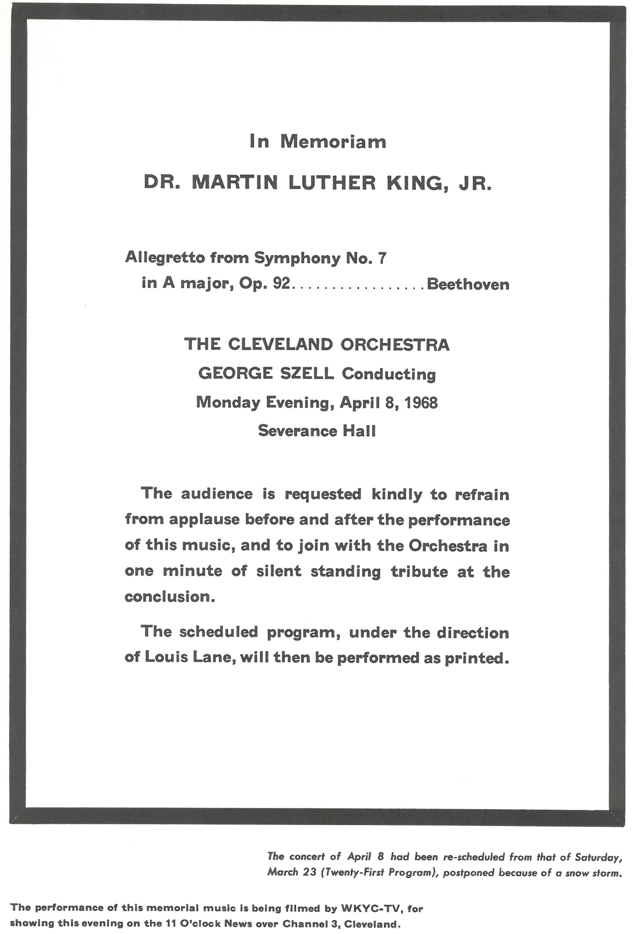 A program insert from a re-scheduled concert on April 8, 1968, announcing The Cleveland Orchestra’s memorial performance for King