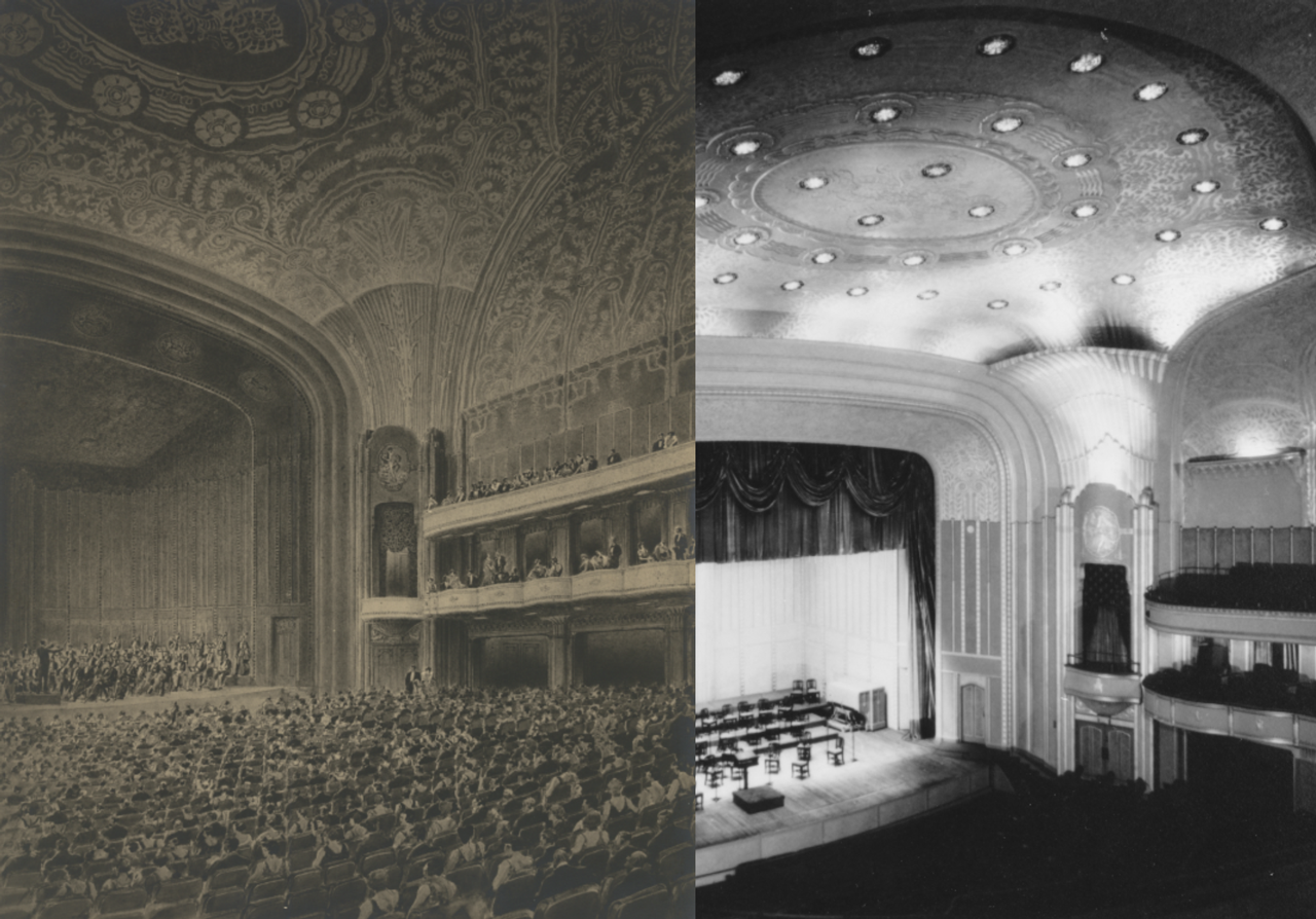 Left: Sketch of the Concert Hall by the architects, courtesy of the estate of Walker & Weeks; Right: Photograph of the Concert Hall from 1931.