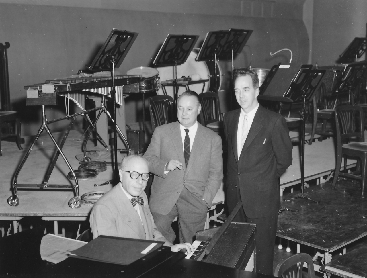 George Szell (seated) assessing the new acoustics after the 1958 renovation with acoustician Heinrich Keilholz (middle) and Orchestra manager A. Beverly Barksdale (right).