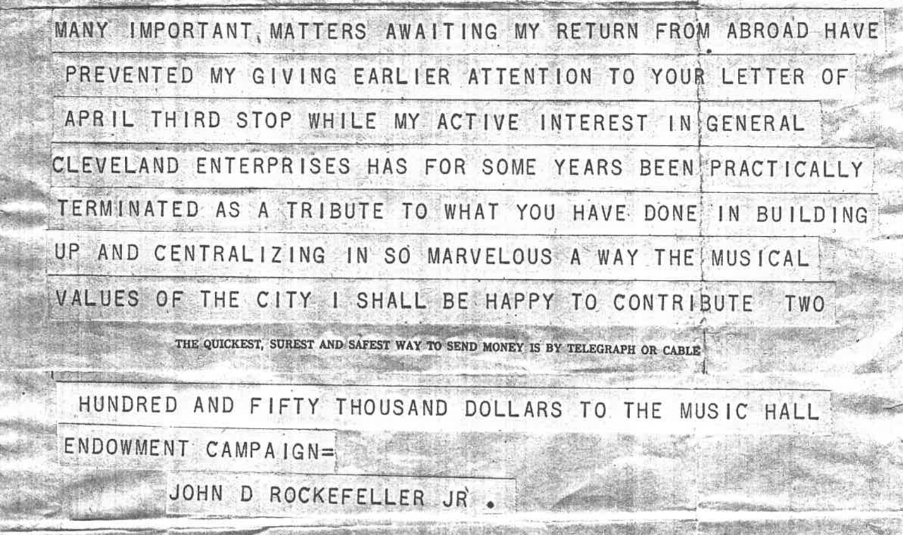 Scan of telegram from Rockefeller Jr. to Hughes, dated April 1929.