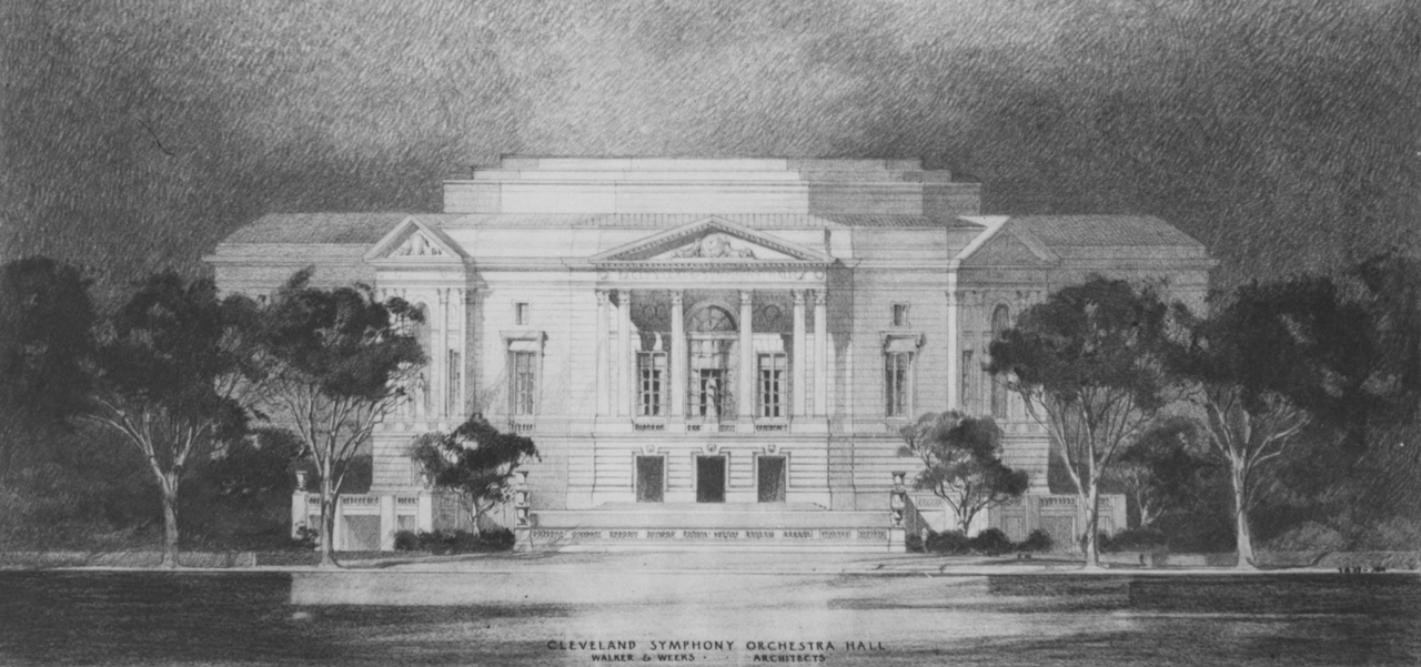 Architectural sketch of the planned exterior of Severance by Walker & Weeks. Courtesy of the estate of Walker & Weeks.