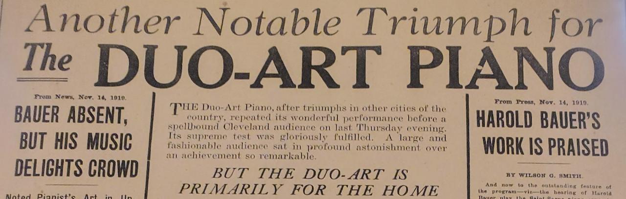Excerpt from a full-page newspaper advertisement by Duo-Art about the piano and its performance with The Cleveland Orchestra from November 1919.