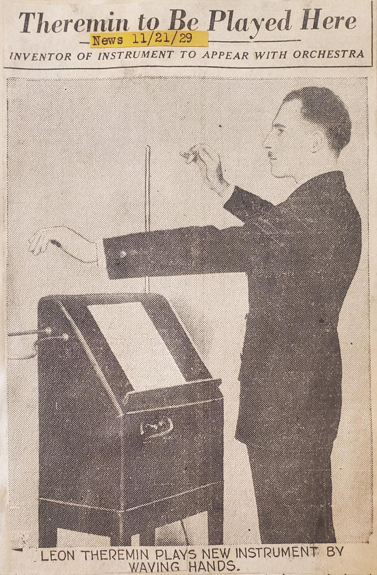 A newspaper clipping advertising Schillinger’s upcoming premiere with The Cleveland Orchestra and Leon Theremin from November 1929.