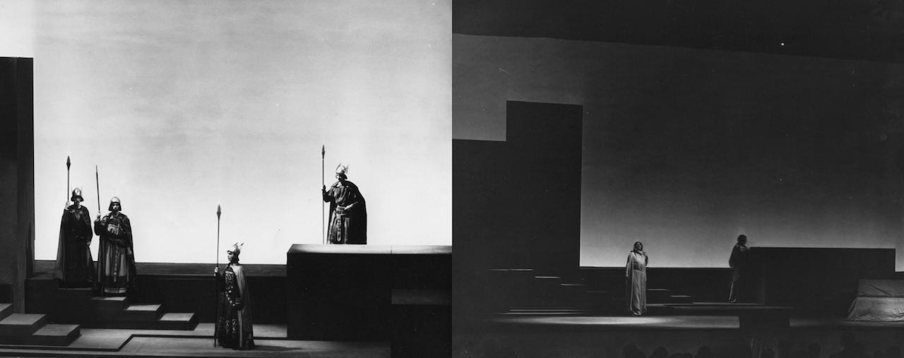 Only black and white pictures remain from the 1933 production of Tristan und Isolde, but the atmospheric effects are visible through the changing hue of the plain backdrop.